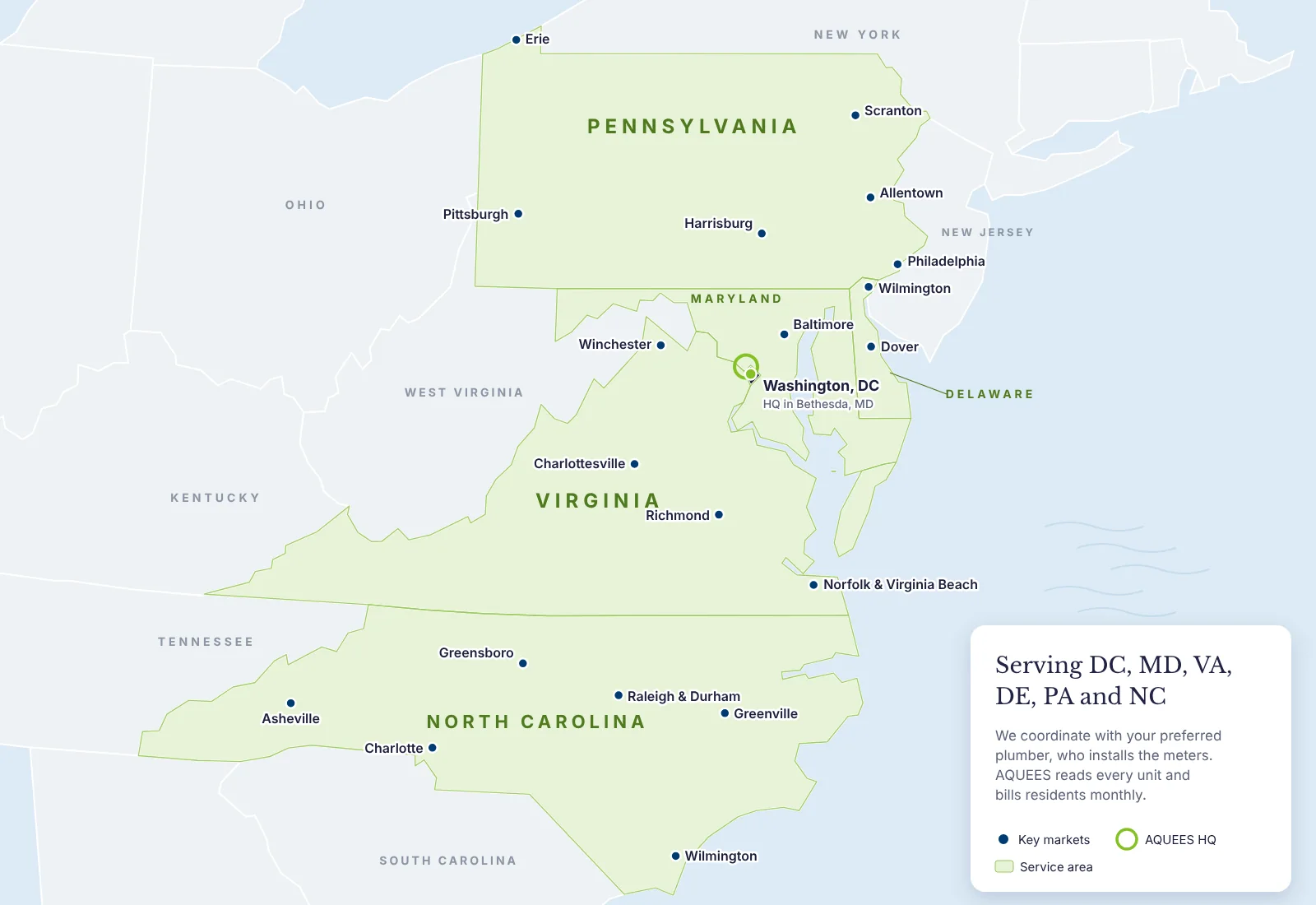 Map of the AQUEES service area: Washington DC, Maryland, Virginia, Delaware, Pennsylvania and North Carolina, with headquarters in Bethesda, MD